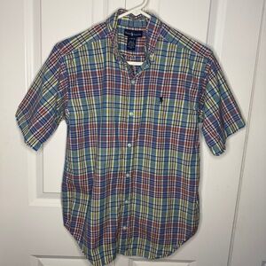 Polo Ralph Lauren Boys Large 16/18 Madras Plaid Button Up Pastel Blue Yellow EUC